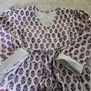 Le Bazar Coastal Jacket Women XL Floral Quilted Wrap Belt Boho Cottagecore